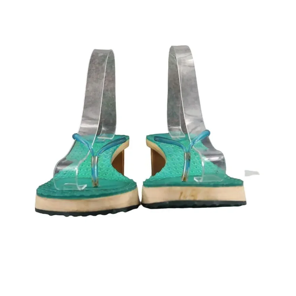 On Your Feet Womens 6.5 Sandals Retro 90's Y2k Block Heel Flip Flop Massage Blue